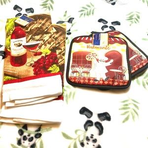 Chef and Wine Pot Holders and Kitchen Towels